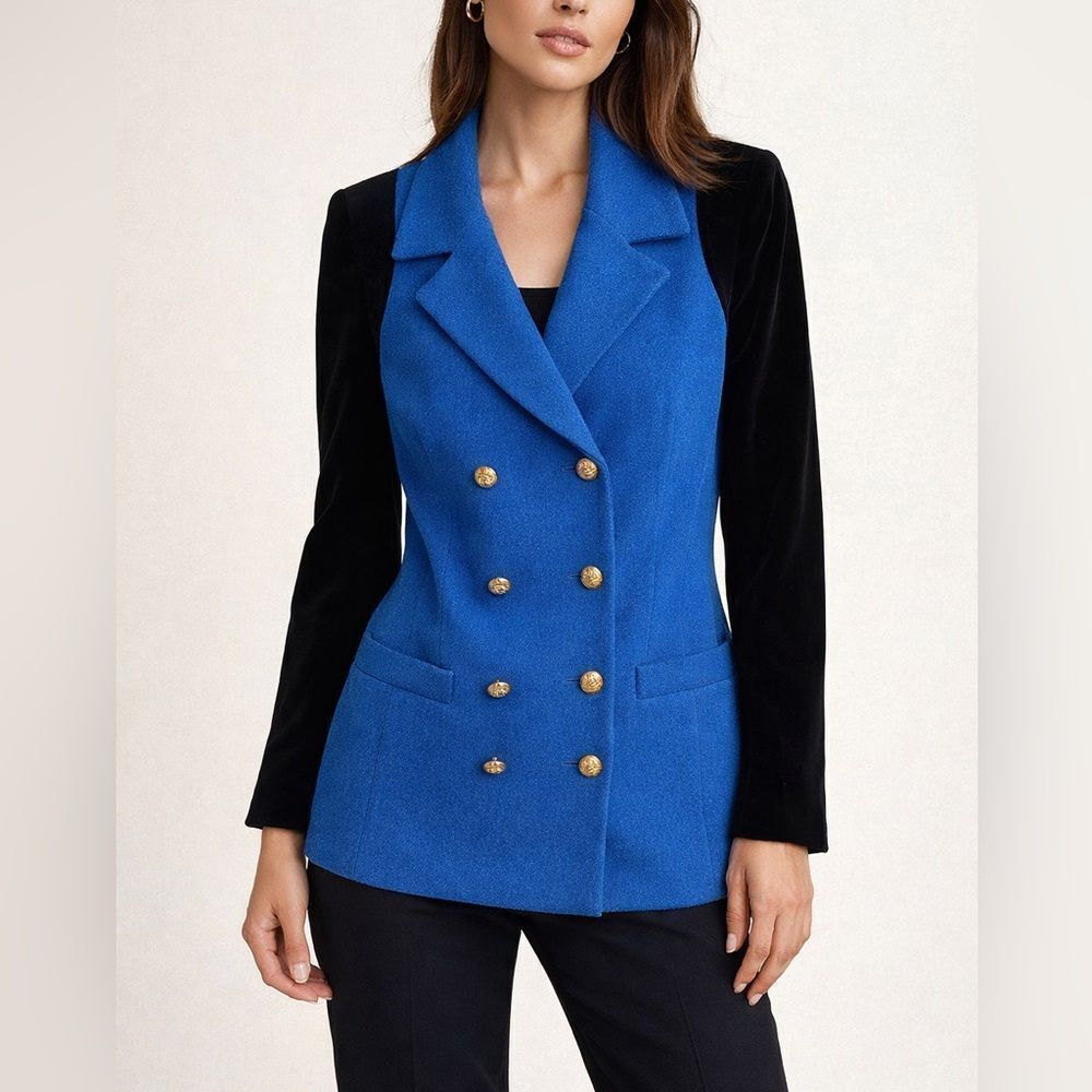 Escada Margaretha Ley Vintage Blue Black Double Breasted Blazer Size 4
